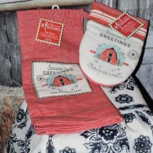 Season's Greetings Dish Tea Towel Grabber Mitt Pot Holder Christmas Holiday Set